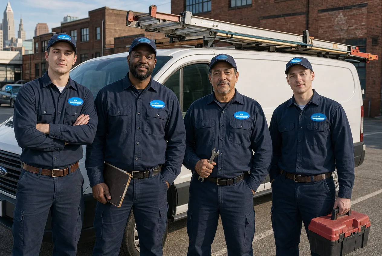 216 Maintenance crew standing beside a work van in Cleveland