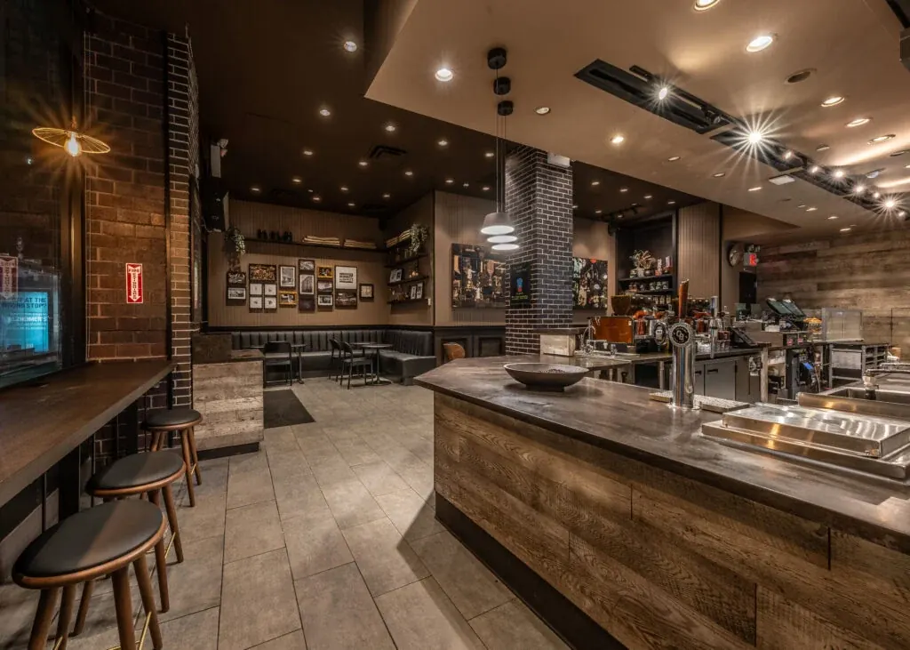 Coffee shop interior with wood counters