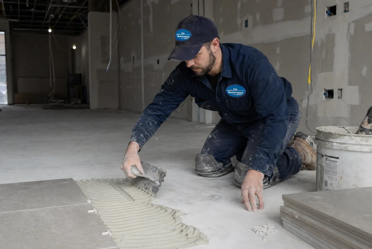 216 Maintenance technician setting porcelain floor tile in a commercial dining room