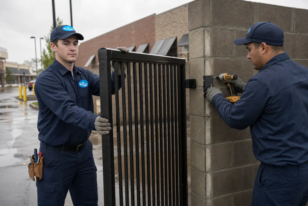216 Maintenance technicians hanging a steel gate on a block dumpster enclosure