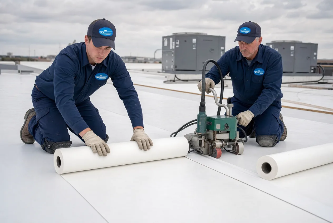 216 Maintenance roofers installing single ply membrane on a flat commercial roof