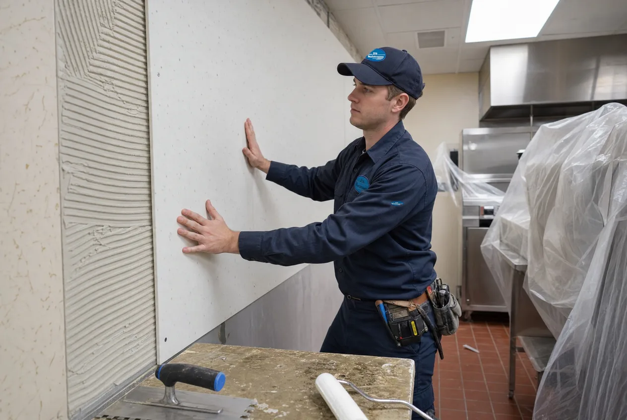 216 Maintenance technician installing FRP wall panels in a restaurant kitchen