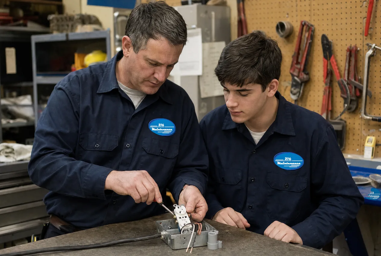 Senior 216 Maintenance technician training an apprentice in the shop