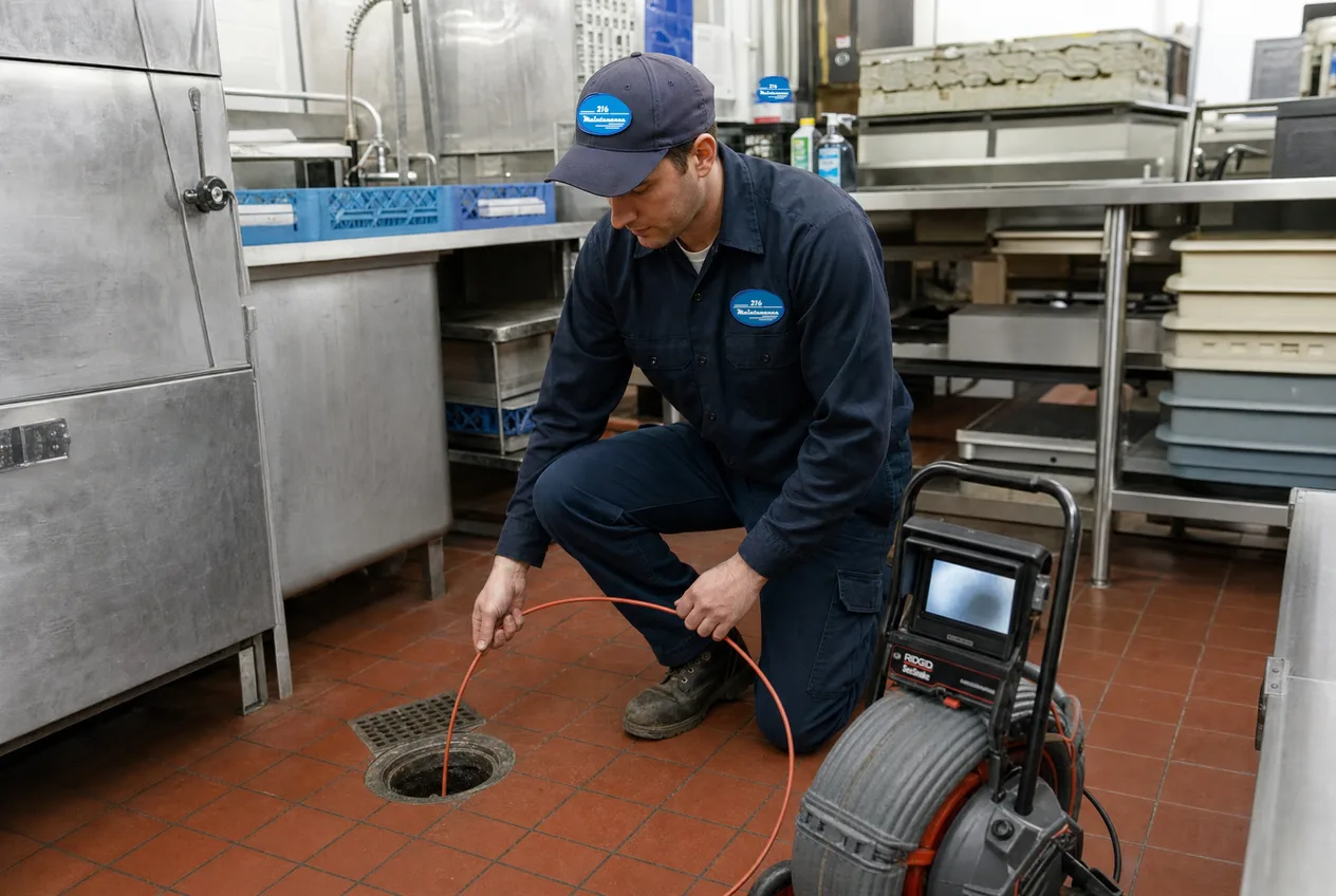 216 Maintenance plumber running a drain inspection camera in a restaurant kitchen