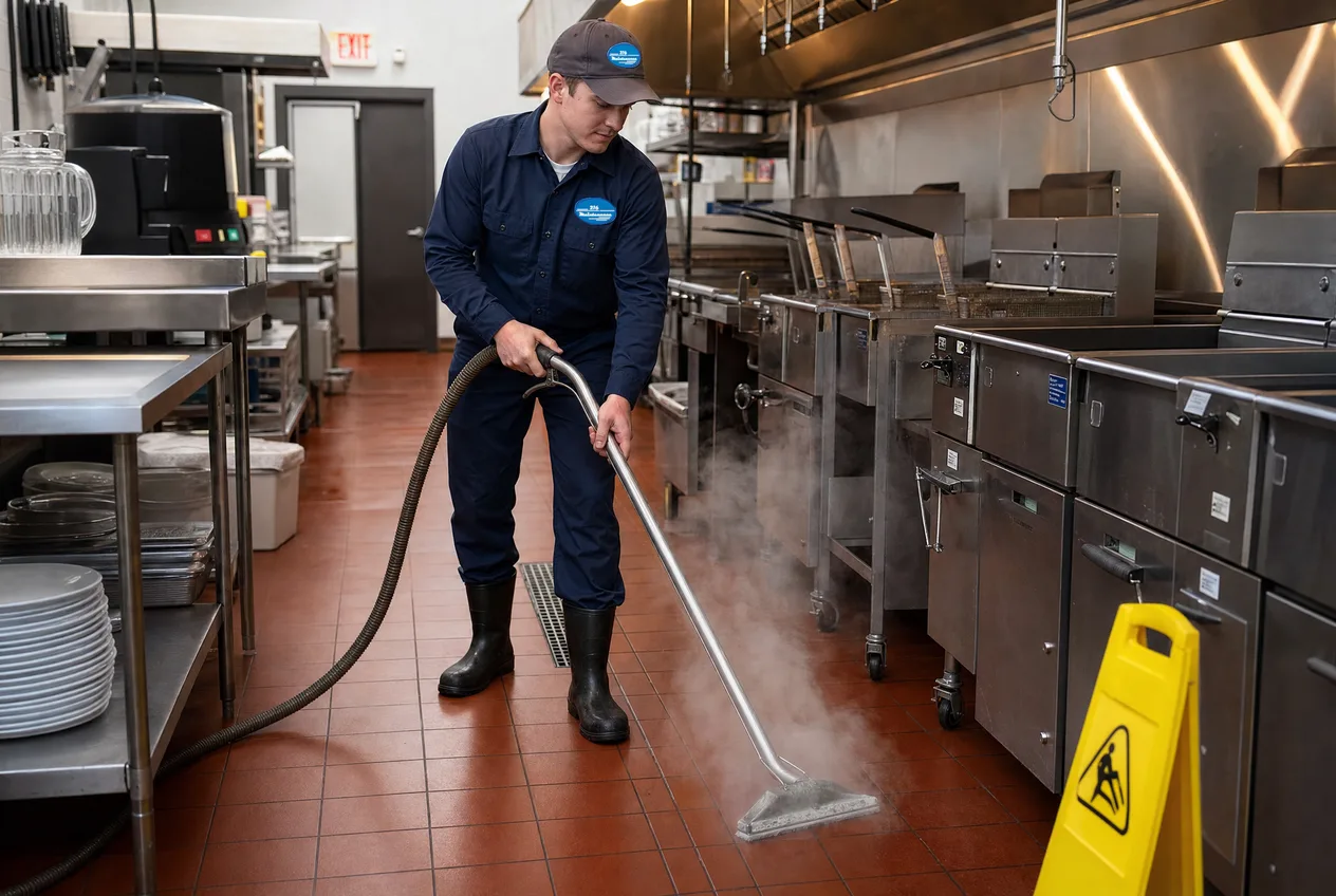 216 Maintenance technician steam cleaning a restaurant kitchen floor