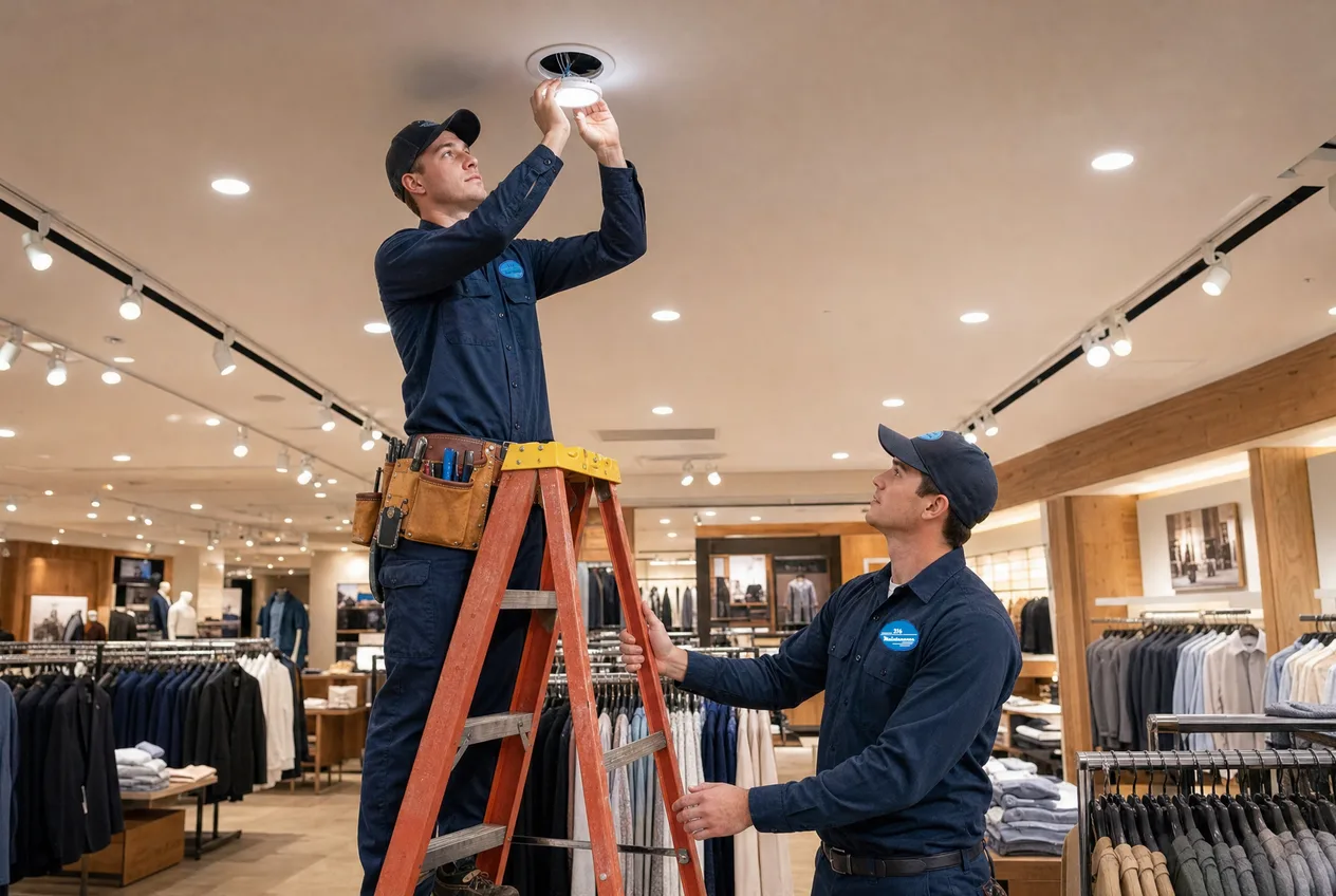216 Maintenance electrician replacing a ceiling light fixture in a retail store