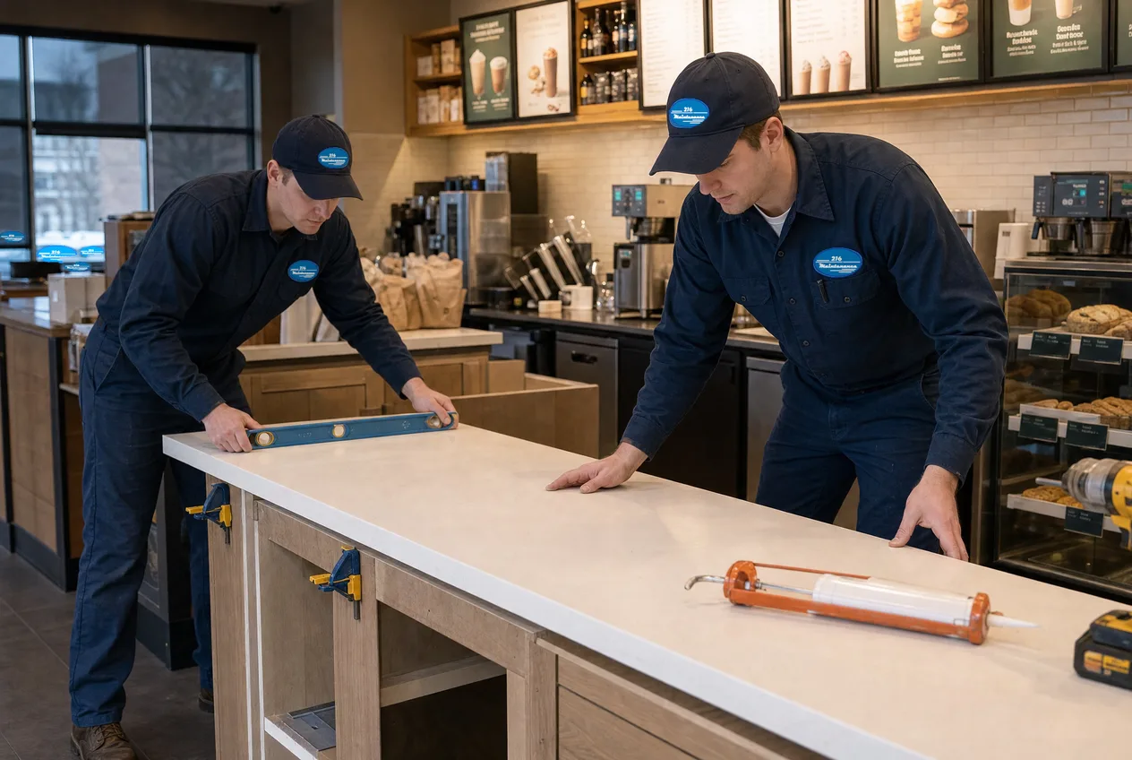 216 Maintenance technicians setting a solid surface countertop at a coffee shop counter